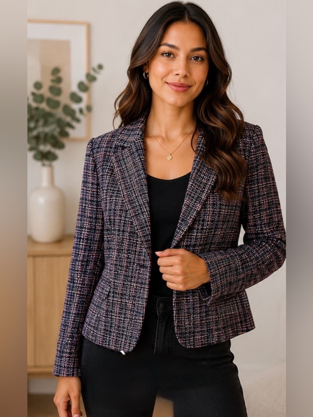 Très You Pink Black Tweed Plaid Blazer Jacket Size 10